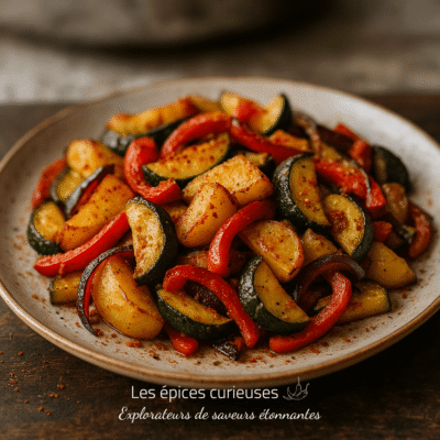 Assiette de légumes rôtis colorés : pommes de terre, courgettes, poivrons rouges et oignons rouges, assaisonnés et savoureux.