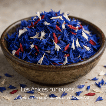 Bol de pétales de fleurs séchées colorés, principalement bleus, sur fond neutre.