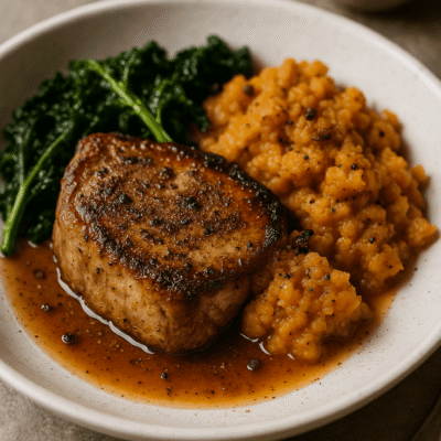 Plat de porc rôti avec purée de pommes de terre douce et épinards sautés dans une assiette blanche.