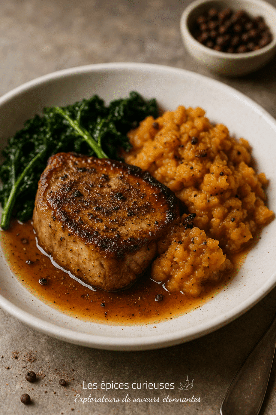 Plat de porc rôti avec purée de pommes de terre douce et épinards sautés dans une assiette blanche.