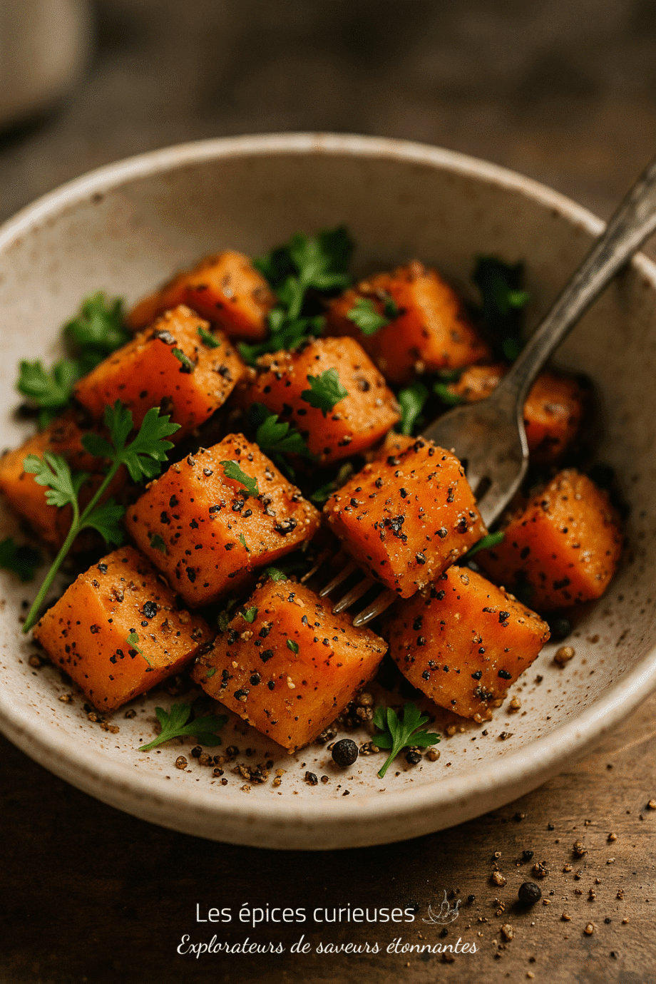 Dés de potiron rôtis au poivre et herbes, servis dans un bol avec une fourchette. Recette automnale savoureuse.