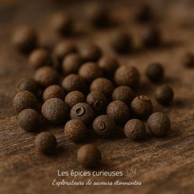 Graines de piment de la Jamaïque sur une table en bois, épices aromatiques pour la cuisine et la pâtisserie.