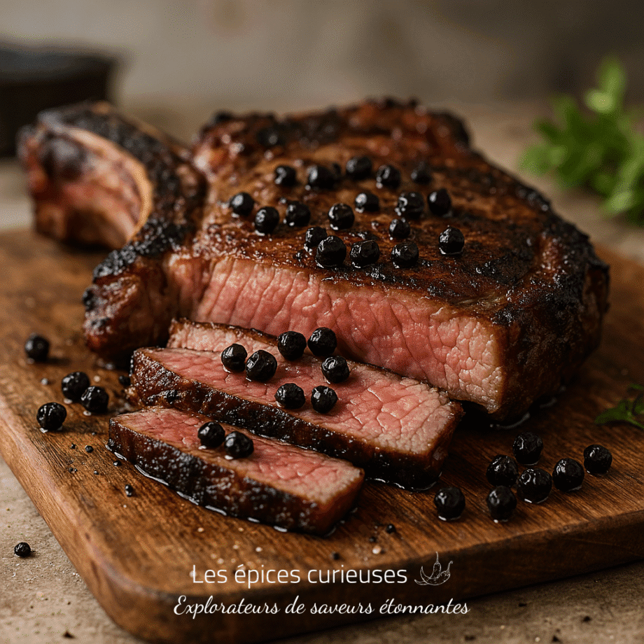Steak juteux aux baies noires, tranché et prêt à être dégusté, sur une planche en bois rustique.
