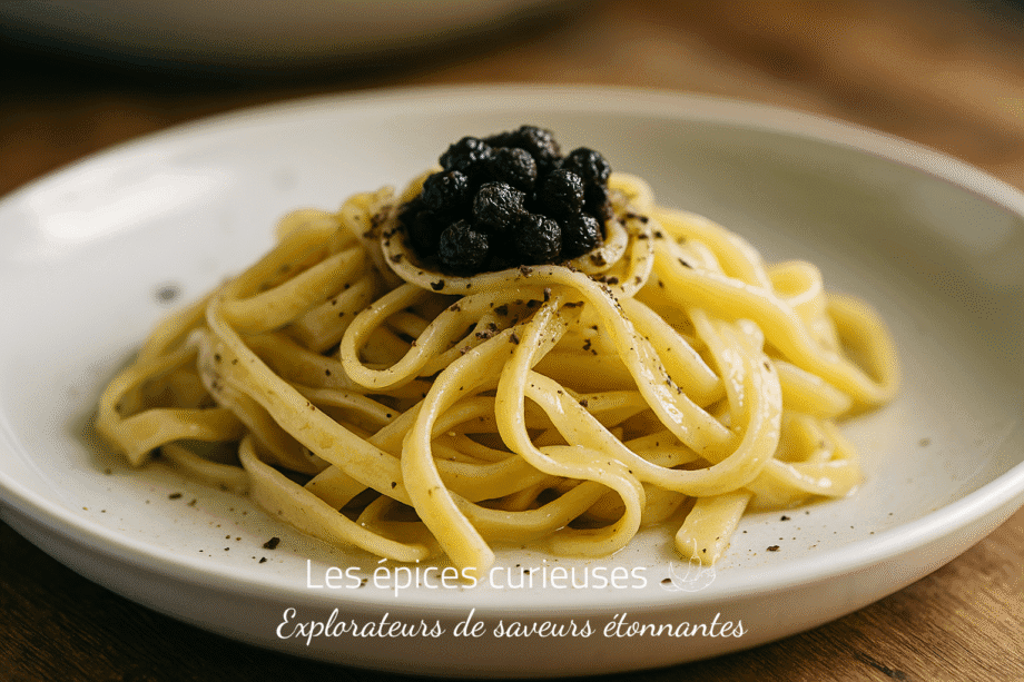Assiette de pâtes tagliatelles al dente garnies de truffes noires, servie sur un plat blanc.