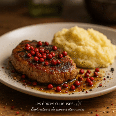 Steak juteux aux baies roses, accompagné de purée crémeuse, sur une assiette blanche.