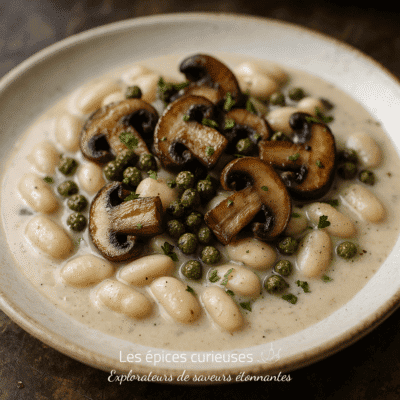Assiette de gnocchis crémeux garnis de champignons sautés et de câpres, parsemée de persil frais.