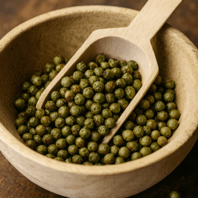 Boulettes de poivre vert dans un bol en bois avec une cuillère, détail de cuisine épicée.
