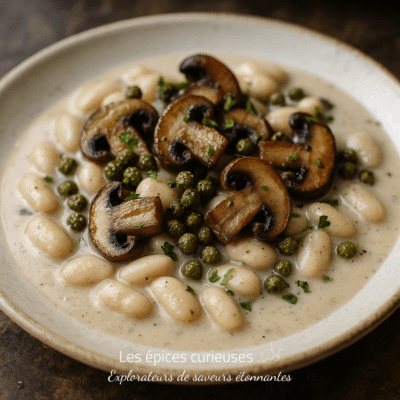 Assiette de gnocchis crémeux garnis de champignons sautés et de câpres, parsemée de persil frais.