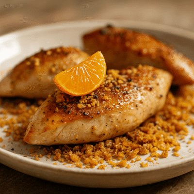 Poulet rôti savoureux garni de crumble croustillant et d'une tranche de mandarine, servi sur une assiette blanche.