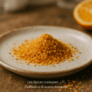 Poudre de zeste d'orange sur une assiette en céramique, arrière-plan flou de quartier d'orange.