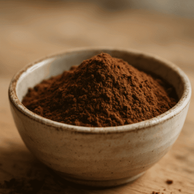 Bol en céramique avec de la poudre de cacao sur une table en bois.