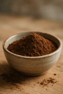 Bol en céramique avec de la poudre de cacao sur une table en bois.