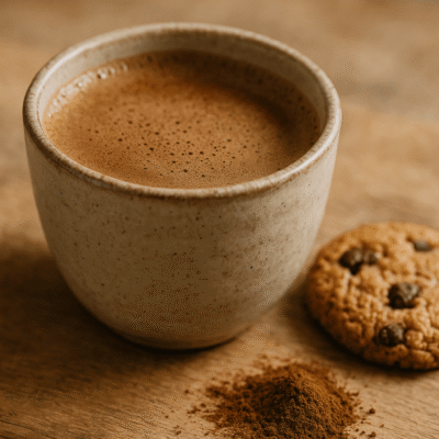 Tasse de café mousseux avec biscuit aux pépites de chocolat sur planche en bois, poudre de café à côté.