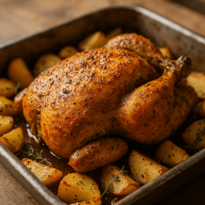 Poulet rôti doré avec pommes de terre et herbes dans un plat, sur une table en bois.