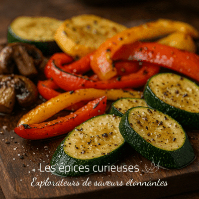 Légumes grillés savoureux : champignons, courgettes, poivrons rouges et jaunes sur une planche en bois.