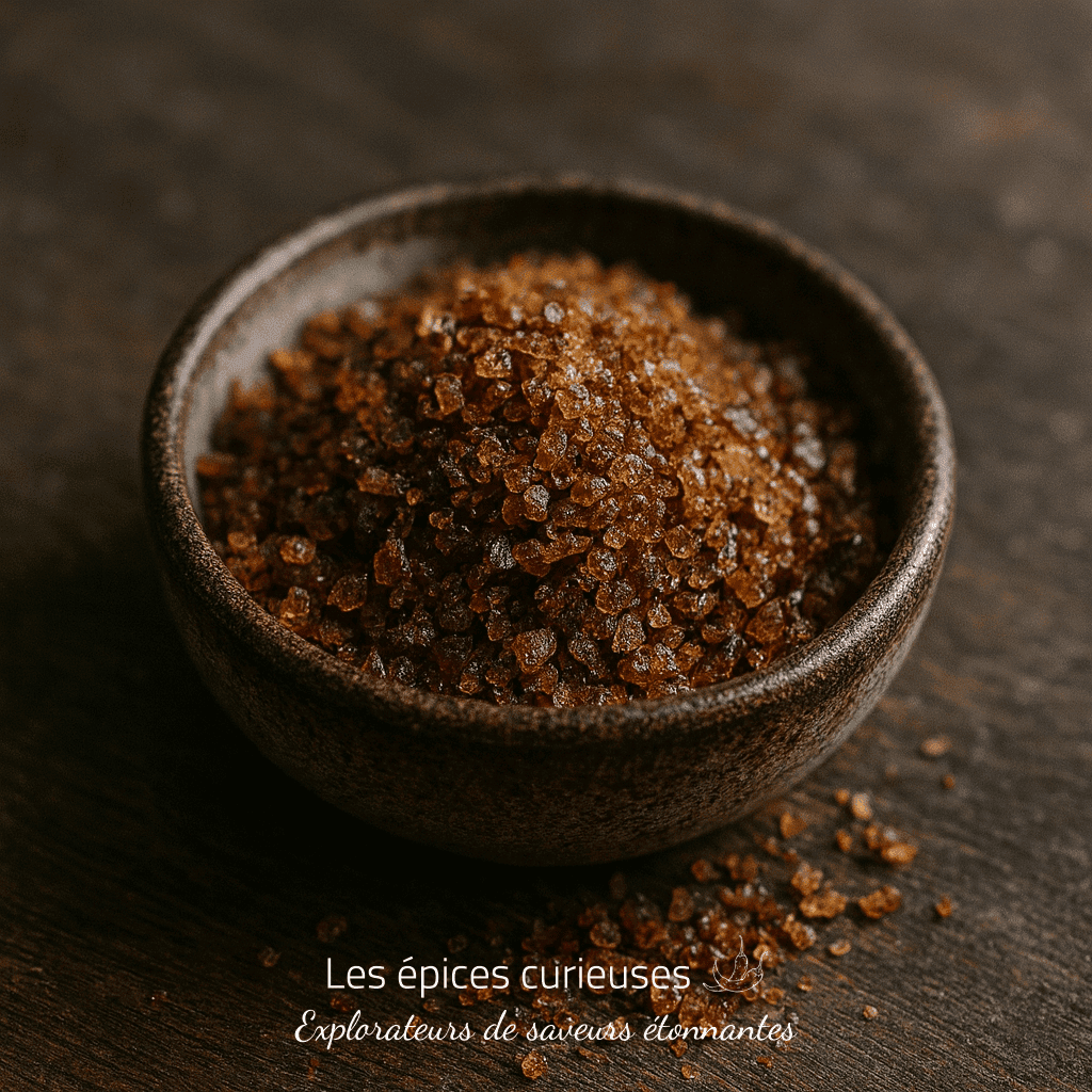 Bol en céramique rempli de sucre brun brut sur une table en bois.
