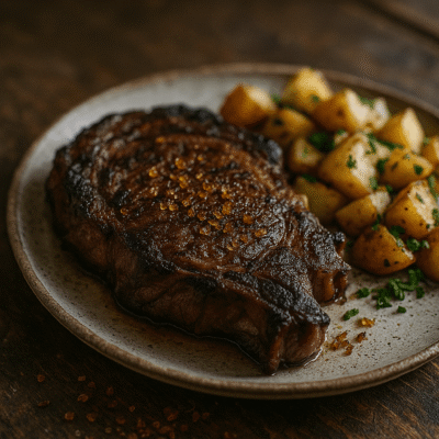 Steak grillé juteux accompagné de pommes de terre rissolées sur une assiette rustique en bois.