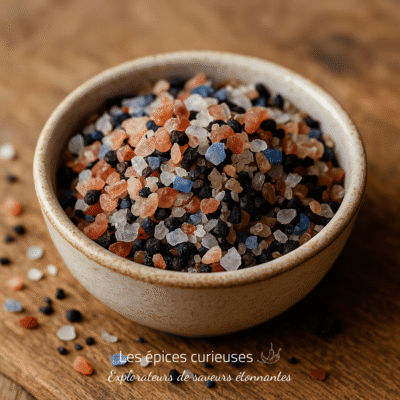 Bol de sel de l'Himalaya multicolore sur une table en bois, offrant une touche exotique à votre cuisine.