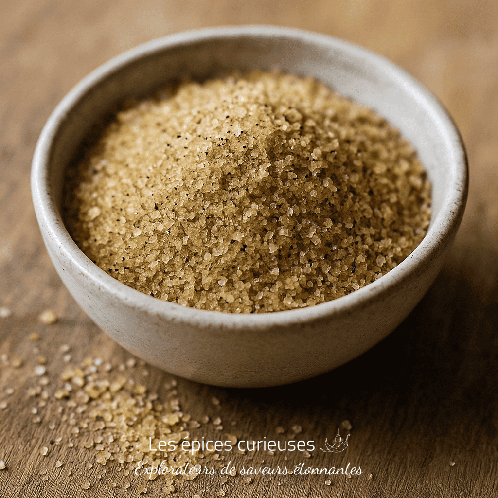Bol de sucre brun sur une table en bois, parfait pour pâtisseries et recettes sucrées.