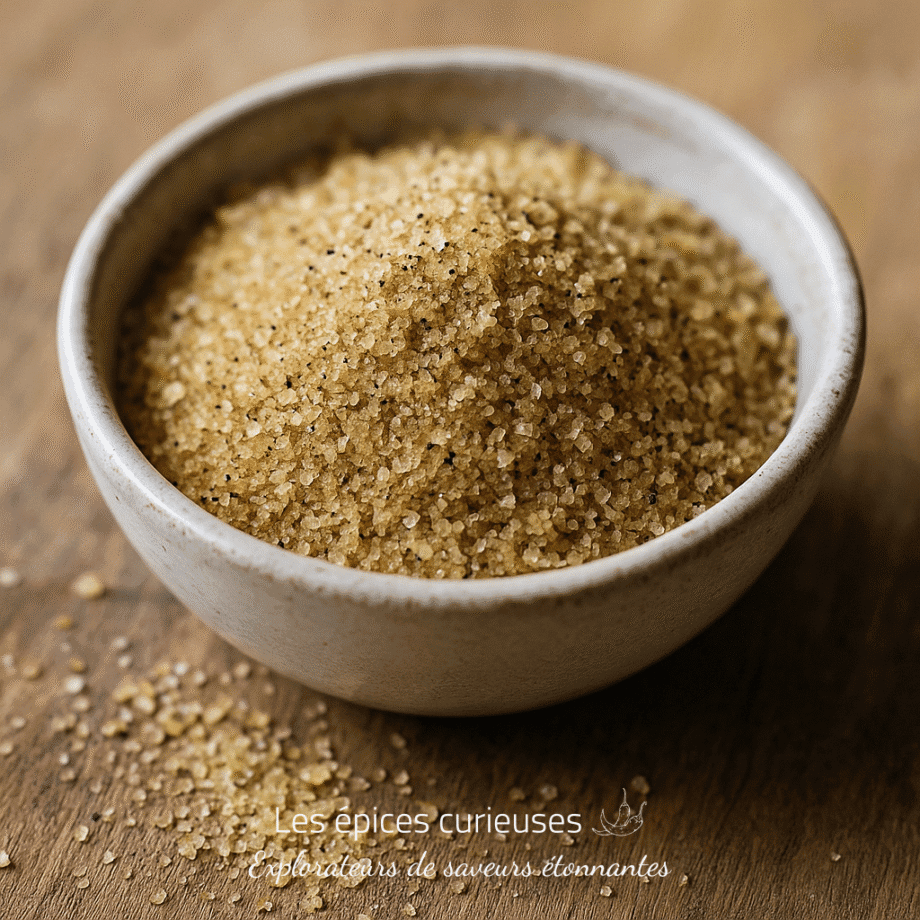 Bol de sucre brun sur une table en bois, parfait pour pâtisseries et recettes sucrées.
