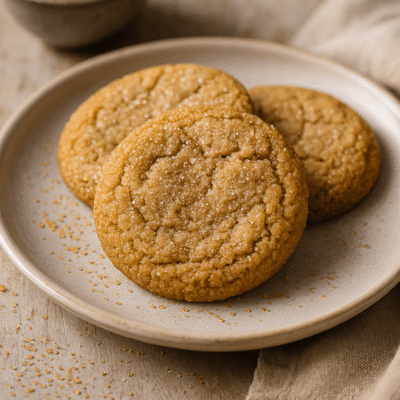 Trois biscuits dorés au sucre sur une assiette, avec du sucre brun en arrière-plan.