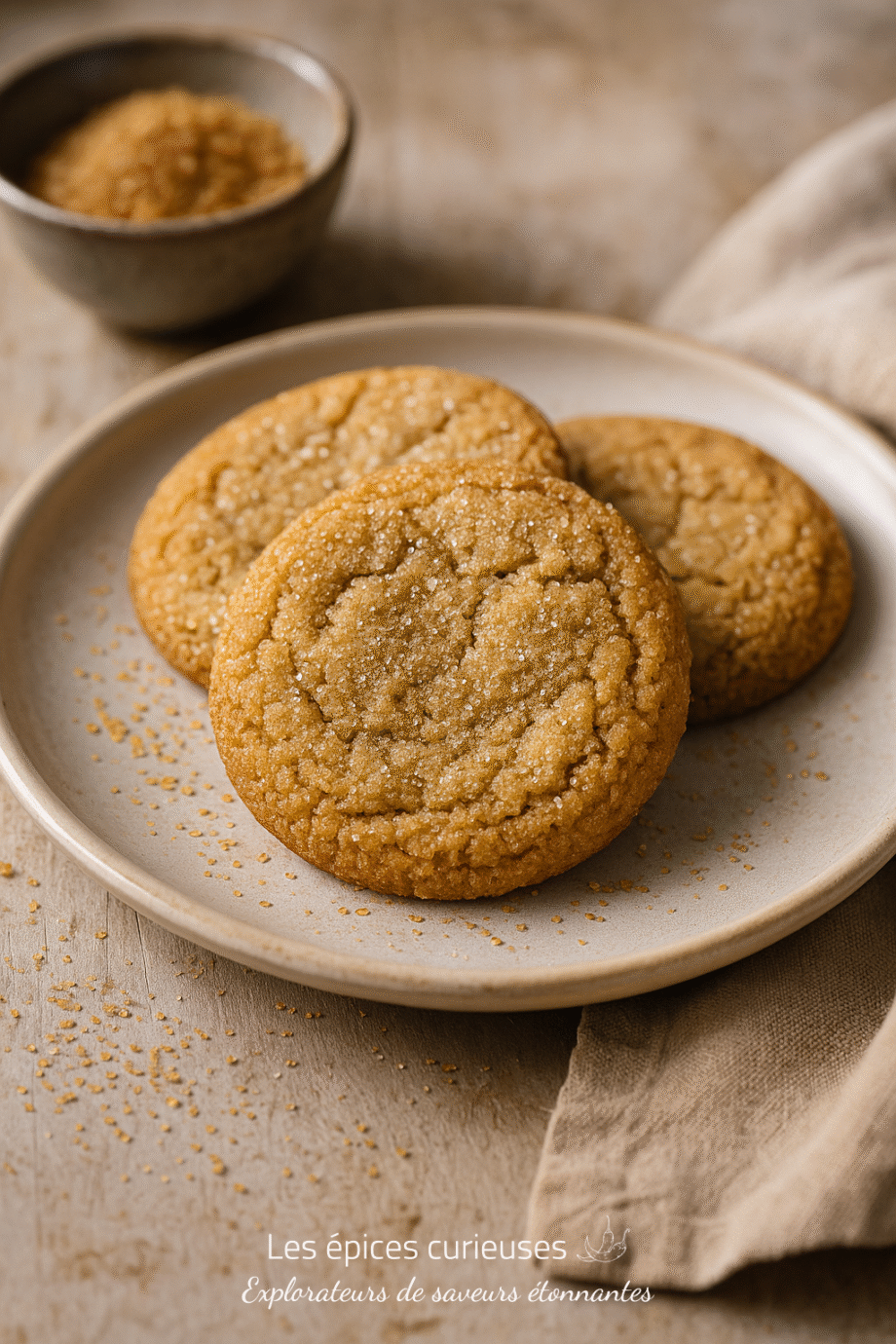 Trois biscuits dorés au sucre sur une assiette, avec du sucre brun en arrière-plan.