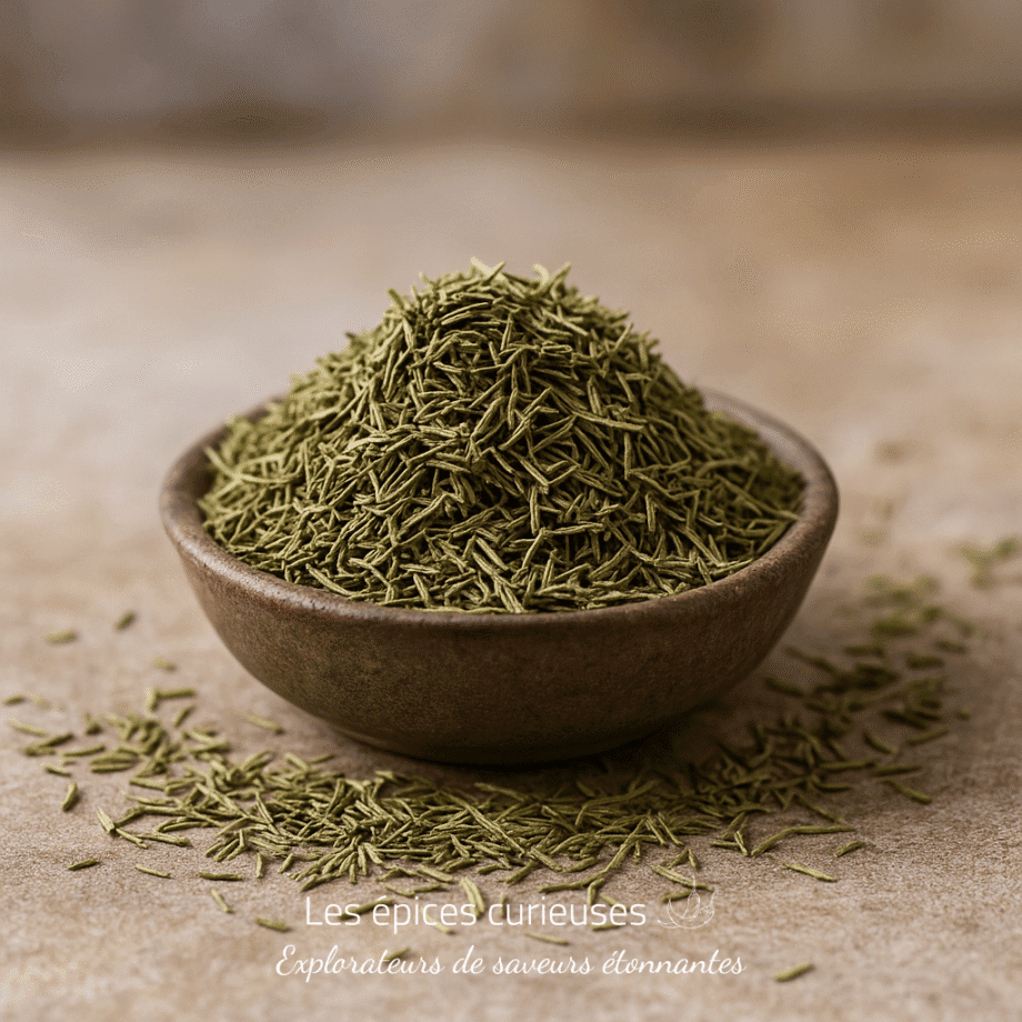 Bol en terre cuite rempli d'herbes séchées vertes sur une surface en bois. Assaisonnement aromatique.