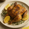 Poulet rôti doré avec herbes et rondelles de citron, servi sur une assiette blanche. Saveurs gourmandes et appétissantes.