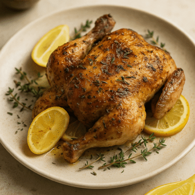 Poulet rôti doré avec herbes et rondelles de citron, servi sur une assiette blanche. Saveurs gourmandes et appétissantes.