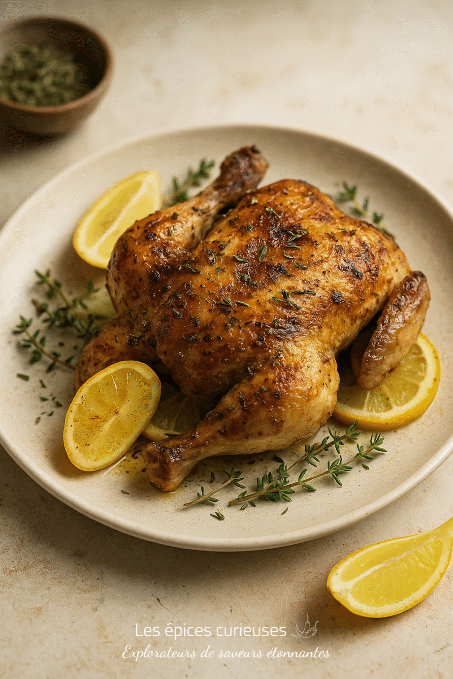 Poulet rôti doré avec herbes et rondelles de citron, servi sur une assiette blanche. Saveurs gourmandes et appétissantes.