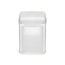 Boîte métallique argentée, idéale pour le stockage hermétique de thé ou café, design élégant et moderne.