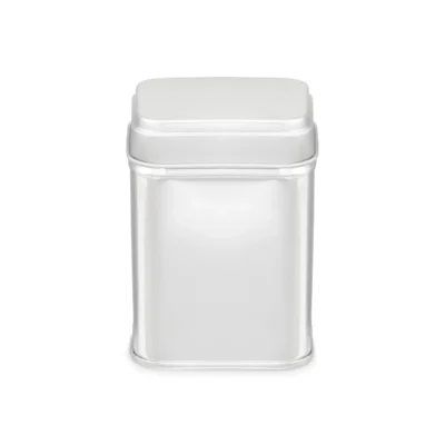 Boîte métallique argentée, idéale pour le stockage hermétique de thé ou café, design élégant et moderne.