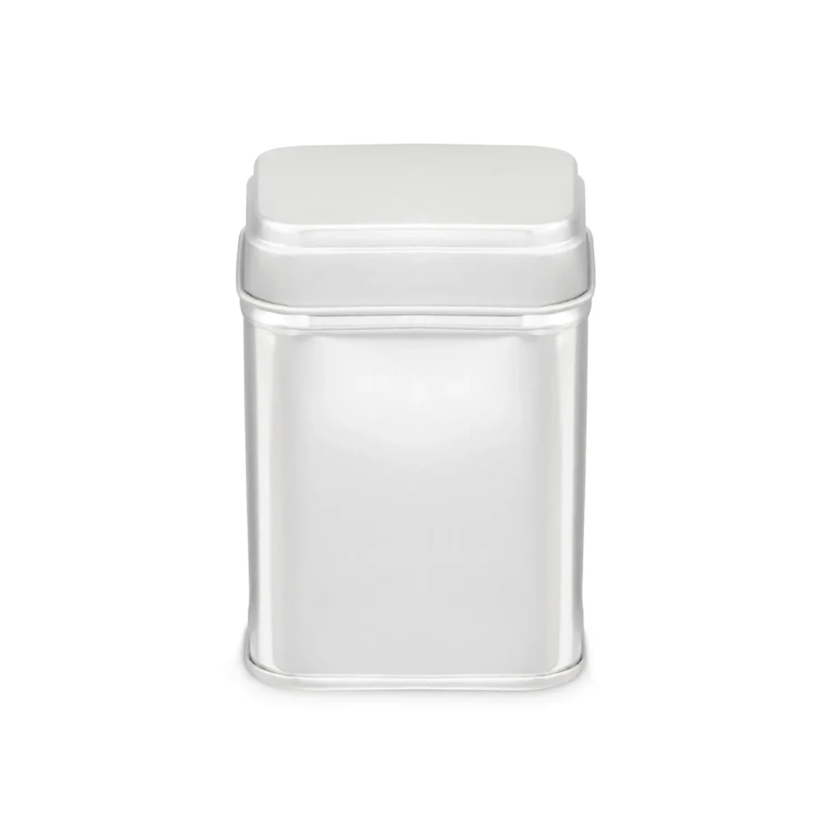 Boîte métallique argentée, idéale pour le stockage hermétique de thé ou café, design élégant et moderne.