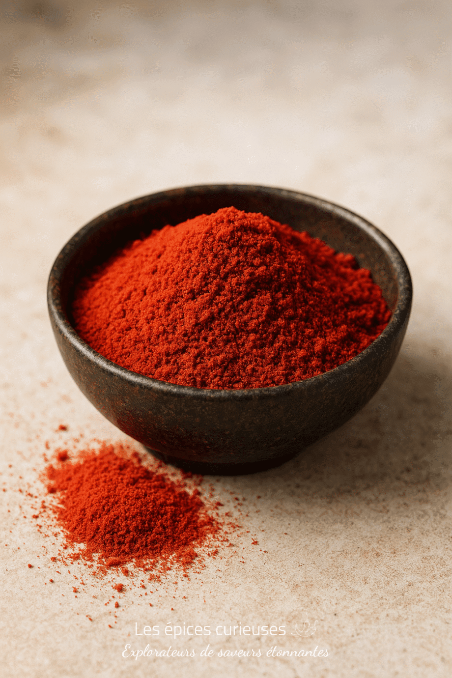 Bol de paprika en poudre rouge sur une surface beige, épice aromatique pour la cuisine.