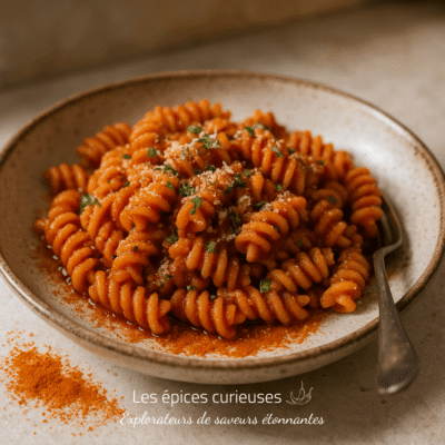 Assiette de pâtes fusilli à la sauce tomate, garnie de fromage et de persil.