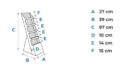 Présentoir incliné pour brochures avec dimensions : A 27cm, B 39cm, C 97cm, D 10cm, E 14cm, F 15cm.