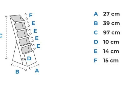 Présentoir incliné pour brochures avec dimensions : A 27cm, B 39cm, C 97cm, D 10cm, E 14cm, F 15cm.