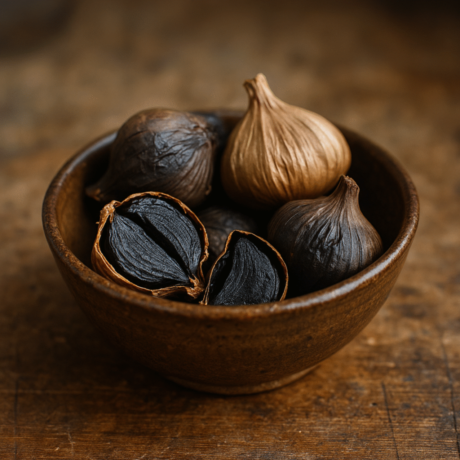 Bol en bois rempli d'ail noir fermenté entier et coupé, sur une table rustique en bois.