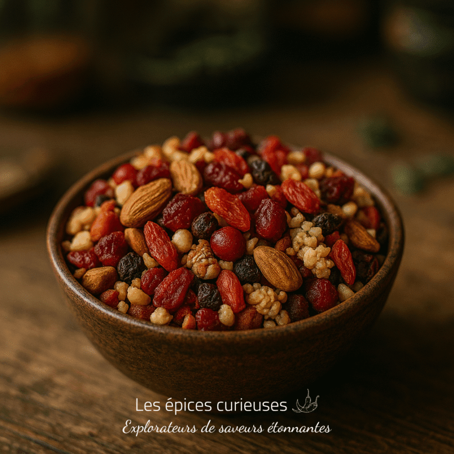 Bol de fruits secs et de noix, mélange croquant et coloré sur fond en bois rustique.