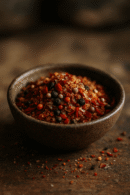 Bol en céramique rempli de poivre concassé multicolore sur table en bois, gros plan.