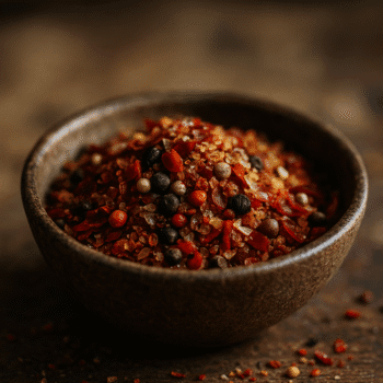 Bol en céramique rempli de poivre concassé multicolore sur table en bois, gros plan.