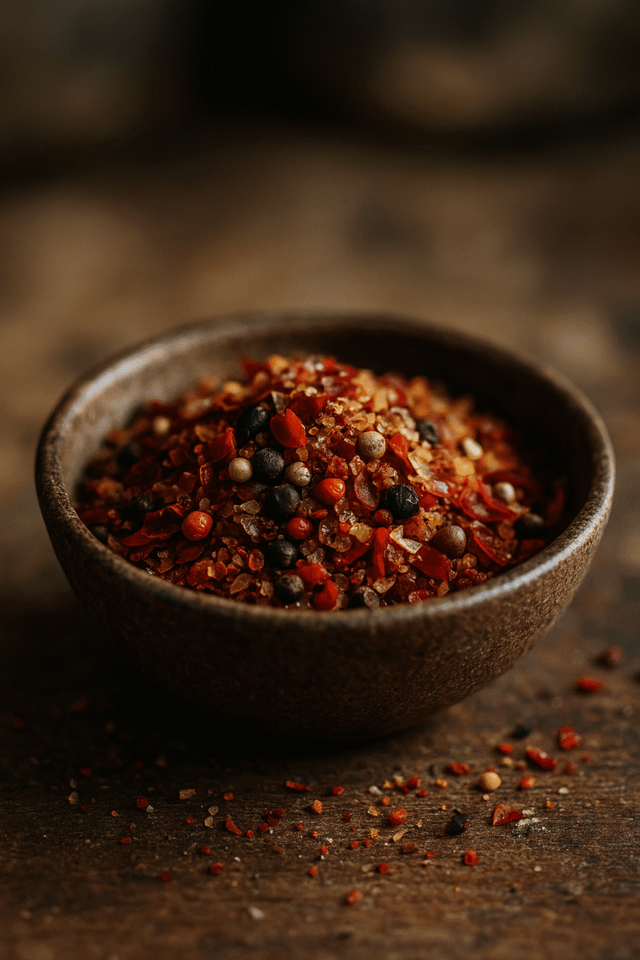 Bol en céramique rempli de poivre concassé multicolore sur table en bois, gros plan.