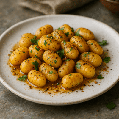 Gnocchis dorés au beurre ailé et persil, servis sur une assiette blanche pour un délice culinaire savoureux.