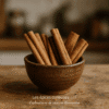 Bol en bois rempli de bâtons de cannelle sur une table en bois, ambiance chaleureuse et rustique.