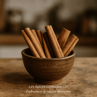 Bol en bois rempli de bâtons de cannelle sur une table en bois, ambiance chaleureuse et rustique.