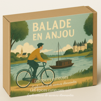 Boîte cadeau Balade en Anjou avec illustration d'un cycliste près d'une rivière et d'un château.