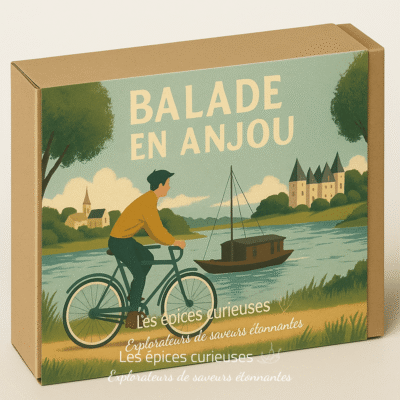 Boîte cadeau Balade en Anjou avec illustration d'un cycliste près d'une rivière et d'un château.