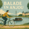 Cycliste profitant d'une balade en Anjou, près d'un château et d'un bateau sur la rivière. Scène rétro-pittoresque.