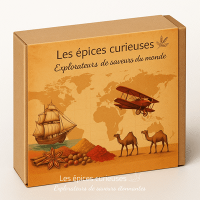Boîte Les épices curieuses avec motifs d'exploration, épices et carte du monde.