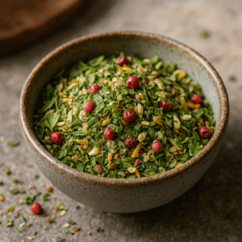 Bol de fines herbes et baies rouges sur une table en pierre, parfait pour assaisonner vos plats.
